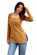 Women’s Cotton Floral Printed Square Neck Straight Short Kurti Top Full Sleeve - Image 9