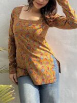 Women’s Cotton Floral Printed Square Neck Straight Short Kurti Top Full Sleeve - Image 10