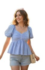 KARMA APPAREL Women’s Stylish Puff Sleeve Ruched Bow Front Top | Trendy Casual Summer Wear for Girls | Soft Lightweight Western Top for Daily & Vacation Outfit - Image 5