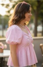 KARMA APPAREL Women’s Stylish Puff Sleeve Ruched Bow Front Top | Trendy Casual Summer Wear for Girls | Soft Lightweight Western Top for Daily & Vacation Outfit - Image 2