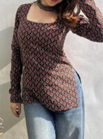 Women’s Cotton Floral Printed Square Neck Straight Short Kurti Top Full Sleeve - Image 6