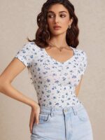 Toochki Tops for Woman | Spandex Top | T-Shirt | Tshirt | Western | for Jeans | Short Sleeve | Stretchable | Floral Printed | White Color - Image 2