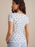 Toochki Tops for Woman | Spandex Top | T-Shirt | Tshirt | Western | for Jeans | Short Sleeve | Stretchable | Floral Printed | White Color - Image 4