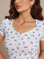 Toochki Tops for Woman | Spandex Top | T-Shirt | Tshirt | Western | for Jeans | Short Sleeve | Stretchable | Floral Printed | White Color - Image 3