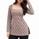 Women’s Cotton Floral Printed Square Neck Straight Short Kurti Top Full Sleeve