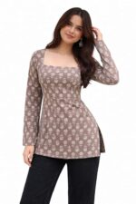 Women’s Cotton Floral Printed Square Neck Straight Short Kurti Top Full Sleeve