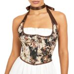 SANNIDHI® Women's Halter Corset Top, Vintage Floral Jacquard Bustier Vest with Front Hook & Eye Closure, Lace-Up Back, Sleeveless Waist Cincher for Party, Festival & Casual Wear 55-70KG