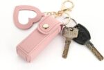 Women Lipstick Holder Keychain with Mirror, Soft PU Leather Portable Chapstick Holder Lipstick Pouch with Metal Key Ring for Trave Party Gift (Pink, Free)