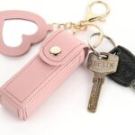 Women Lipstick Holder Keychain with Mirror, Soft PU Leather Portable Chapstick Holder Lipstick Pouch with Metal Key Ring for Trave Party Gift (Pink, Free)