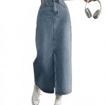 Women's Mid Rise Denim Midi Skirt with Front Slit and Pockets | Classic Blue Wash A-Line Denim Skirt | Casual & Streetwear