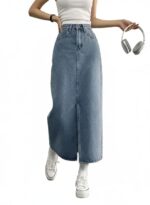 Women's Mid Rise Denim Midi Skirt with Front Slit and Pockets | Classic Blue Wash A-Line Denim Skirt | Casual & Streetwear