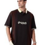 The Souled Store Originals: Dark Brown Men and Boys Short Sleeves Polo Collar Cream Colour Block Cotton Oversized T-Shirts