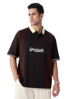 The Souled Store Originals: Dark Brown Men and Boys Short Sleeves Polo Collar Cream Colour Block Cotton Oversized T-Shirts