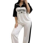 Women's Print Half-Zip Co-ord Set, Color Block, Graphic Print Top with Pants, Casual Loungewear