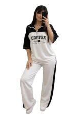 Women's Print Half-Zip Co-ord Set, Color Block, Graphic Print Top with Pants, Casual Loungewear