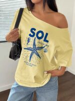 SXV STYLE SOL Women Summer Loose Asymmetrical Neck Cocktail Fruit Orange Y2K Graphic Oversized T-Shirt - Image 4