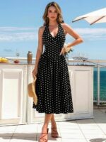 Aahwan Polka Dots Halter Long Dress Backless A Line Flared Vintage Party Club Dresses for Women's & Girl's - Image 5