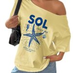 SXV STYLE SOL Women Summer Loose Asymmetrical Neck Cocktail Fruit Orange Y2K Graphic Oversized T-Shirt