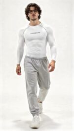 Mens Gym Compression T-Shirt | Polyester Full Sleeve Sports Wear and Rash Guard for Training Workout and Athletic Activewear | White Printed Sleeve - Image 2