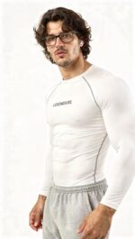Mens Gym Compression T-Shirt | Polyester Full Sleeve Sports Wear and Rash Guard for Training Workout and Athletic Activewear | White Printed Sleeve - Image 4