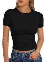 Womens Square Neck Short Sleeve Crop Top Double Lined Slim Fitted Basic Cotton Tee Going Out Cute Summer T Shirt TrendyVG17 - Image 5