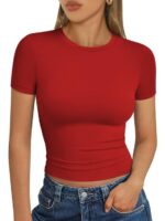 Womens Square Neck Short Sleeve Crop Top Double Lined Slim Fitted Basic Cotton Tee Going Out Cute Summer T Shirt TrendyVG17 - Image 10