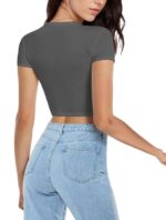 Womens Square Neck Short Sleeve Crop Top Double Lined Slim Fitted Basic Cotton Tee Going Out Cute Summer T Shirt TrendyVG17 - Image 2