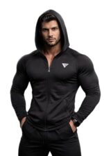 Mens Full Sleeve Compression Hood Black | Polyester Spandex Stretch Gym Hoodie | Muscle Support Training Top | Gymwear for Bodybuilding Workout Running Fitness Activewear - Image 2