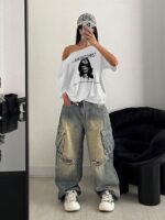 SXV STYLE Antagonist Printed Loose Asymmetrical Shoulder Short Sleeve T-Shirt, Summer - Image 3