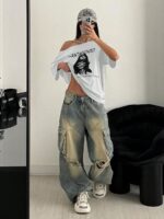 SXV STYLE Antagonist Printed Loose Asymmetrical Shoulder Short Sleeve T-Shirt, Summer - Image 6