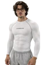 Mens Gym Compression T-Shirt | Polyester Full Sleeve Sports Wear and Rash Guard for Training Workout and Athletic Activewear | White Printed Sleeve