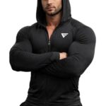 Mens Full Sleeve Compression Hood Black | Polyester Spandex Stretch Gym Hoodie | Muscle Support Training Top | Gymwear for Bodybuilding Workout Running Fitness Activewear