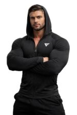 Mens Full Sleeve Compression Hood Black | Polyester Spandex Stretch Gym Hoodie | Muscle Support Training Top | Gymwear for Bodybuilding Workout Running Fitness Activewear