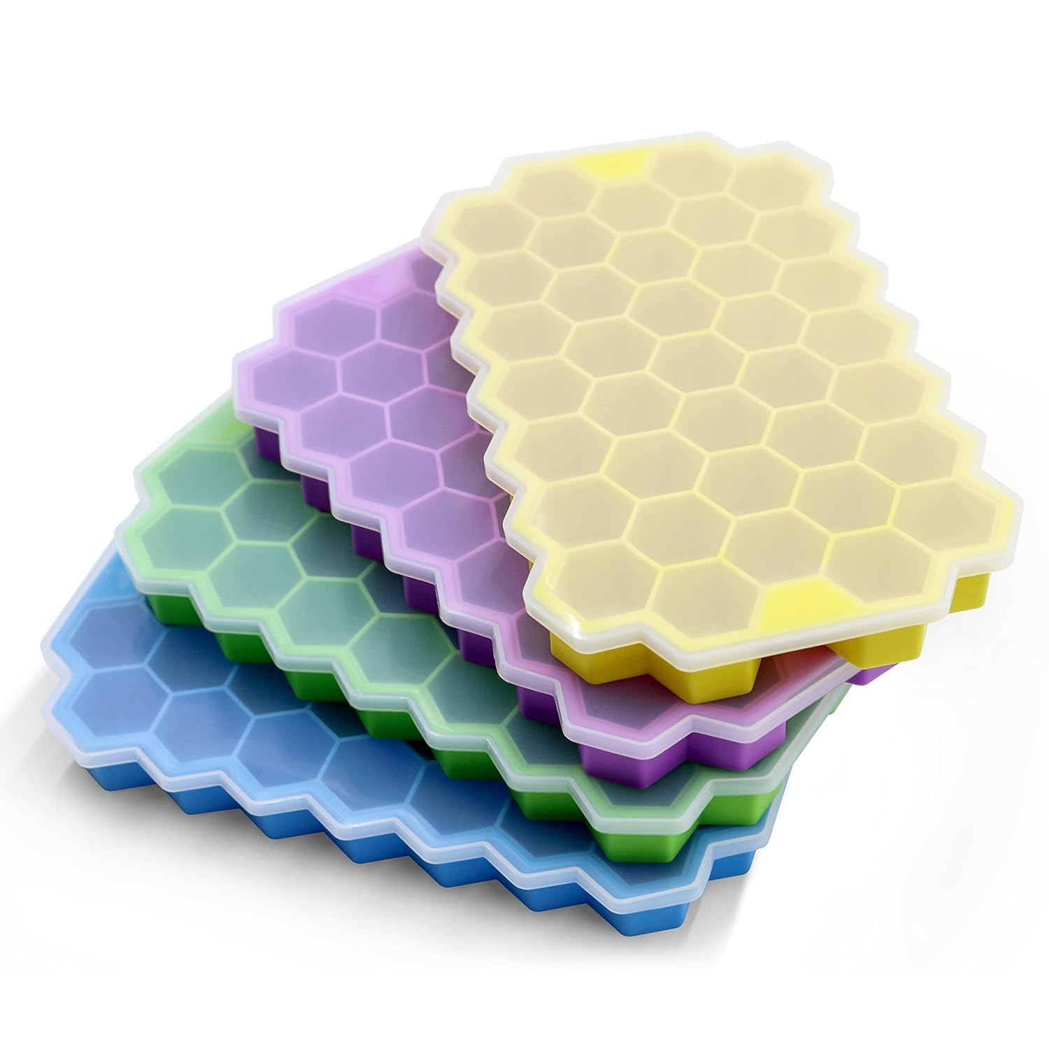 ice CLOUDVALLEY 4 Pack Silicone Ice Cube Trays with Lids Easy-Release Hexagon Ice Maker for Freezer, Reusable Food-Grade Ice Molds for Cocktail Bar, Whiskey, Iced Coffee & Home Kitchen (Multi Color) - Image 1