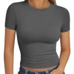 Womens Square Neck Short Sleeve Crop Top Double Lined Slim Fitted Basic Cotton Tee Going Out Cute Summer T Shirt TrendyVG17