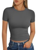 Womens Square Neck Short Sleeve Crop Top Double Lined Slim Fitted Basic Cotton Tee Going Out Cute Summer T Shirt TrendyVG17