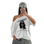 SXV STYLE Antagonist Printed Loose Asymmetrical Shoulder Short Sleeve T-Shirt, Summer
