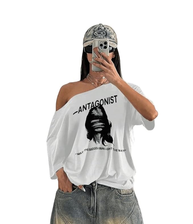 tshirt design SXV STYLE Antagonist Printed Loose Asymmetrical Shoulder Short Sleeve T-Shirt, Summer - Image 1