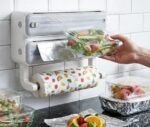 Foil Paper Cutter and Holder with Paper Towel Rack - Wall Mounted Aluminium Foil, Cling Film and Wax Paper Dispenser Organizer with Sliding Cutter for Kitchen Storage and Food Wrapping (Gery)