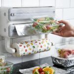 Foil Paper Cutter and Holder with Paper Towel Rack - Wall Mounted Aluminium Foil, Cling Film and Wax Paper Dispenser Organizer with Sliding Cutter for Kitchen Storage and Food Wrapping (Gery)