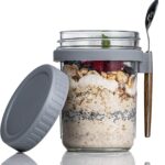 PrimeWorld 350 ml Oats Container With Lids And Spoon set of 1 pc Glass Mason Jars For Overnight Oats Leak Proof Container with Measurment For Cereal Fruit Vegetable Milk Salad Yogurt (random color)