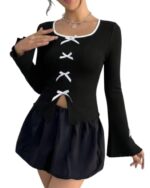 Women's Deep Neck Full Sleeve Crop Top – Slim Fit Stretchable Lycra Korean Style Trendy Top for Girls - Image 5