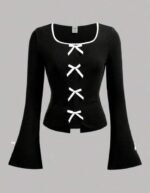 Women's Deep Neck Full Sleeve Crop Top – Slim Fit Stretchable Lycra Korean Style Trendy Top for Girls - Image 7