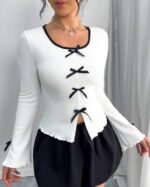 Women's Deep Neck Full Sleeve Crop Top – Slim Fit Stretchable Lycra Korean Style Trendy Top for Girls - Image 3