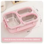 850ml Leak-Proof Stainless Steel Lunch Box – 3 Compartments, Heat-Retaining Base, BPA-Free Tiffin Box | Pink - Image 4