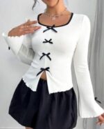 Women's Deep Neck Full Sleeve Crop Top – Slim Fit Stretchable Lycra Korean Style Trendy Top for Girls - Image 4