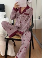 Women's Black & White Striped Nightsuit Set with Heart Print – Long Sleeve Button-Down Top & Pyjama Set - Image 7