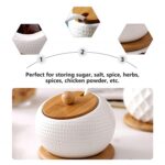 OLWICK Ceramic Condiment Pots Set of 3 with Bamboo Lids & Spoons, Spice Jar Containers with Wooden Tray, White - Image 4