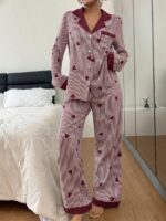 Women's Black & White Striped Nightsuit Set with Heart Print – Long Sleeve Button-Down Top & Pyjama Set - Image 6