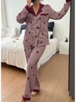Women's Black & White Striped Nightsuit Set with Heart Print – Long Sleeve Button-Down Top & Pyjama Set - Image 2